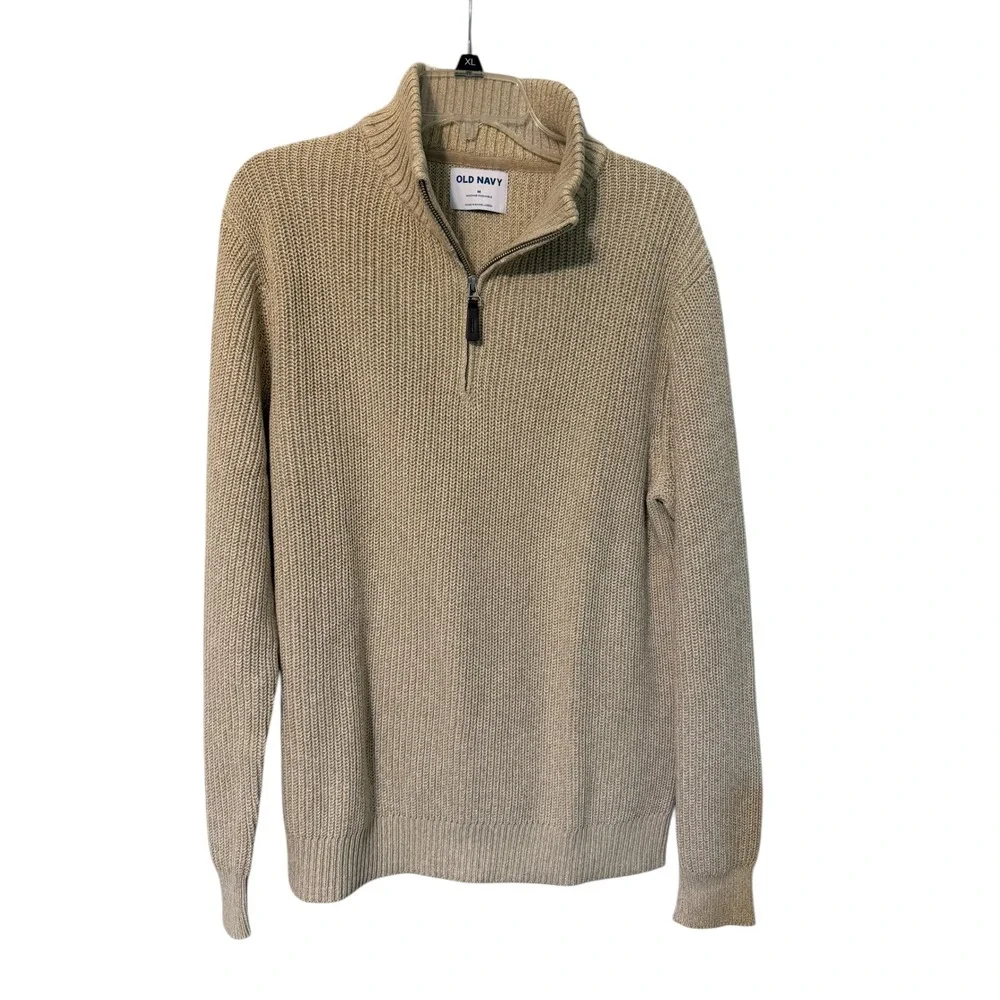 Old Navy Quarter Zip Sweater Mens Medium Tan Ribbed Cotton Pullover Grandpa Core